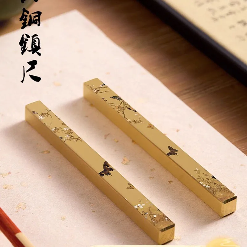 1 Pair Vintage Brass Paperweight & Calligraphy Brush Holder - Multifunctional Chinese Style Ruler Desk Decor