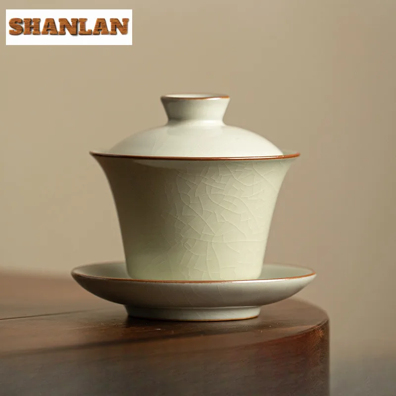 

150ml Handmade Ru Kiln San Cai Gaiwan Japanese Ice Cracked Glaze Tea Tureen Tea Brewing Cover Bowl Kung Fu Tea Items Ornaments