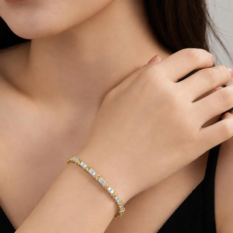 S925 Sterling Silver X-Cross Two-Tone Tennis Bracelet, 3mm D VVS1 Full Moissanite Bracelet Women Engagement Wedding Fine Jewelry