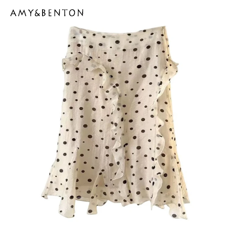 

2026 Summer New Sweet Cool Polka Dot Ruffle Women's Skirt French Design Irregular High Waist Versatile Mid-Length Skirts Ladies