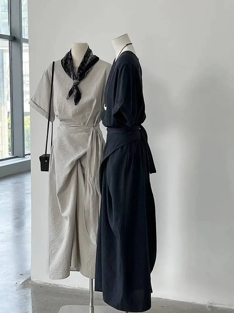 เดรสเสื้อยืดทรงเอ แขนสั้น ผูกไขว้ ช่วงเอวเข้ารูป ใส่สบายสำหรับฤดูร้อน