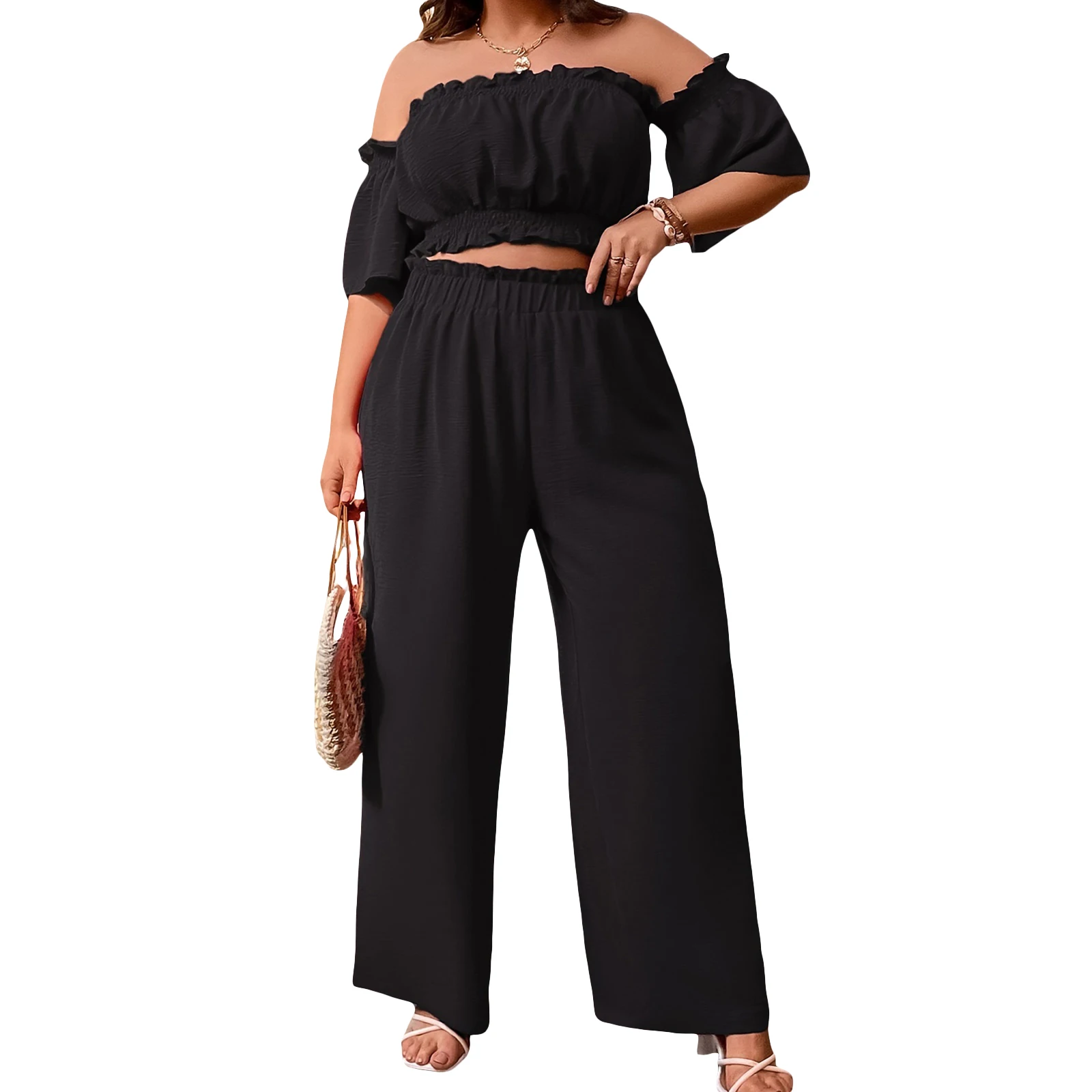 Completi neri da donna in 2 pezzi Top corto da donna sexy taglie forti con spalle scoperte e maniche corte con pantaloni Set taglie forti Streetwear