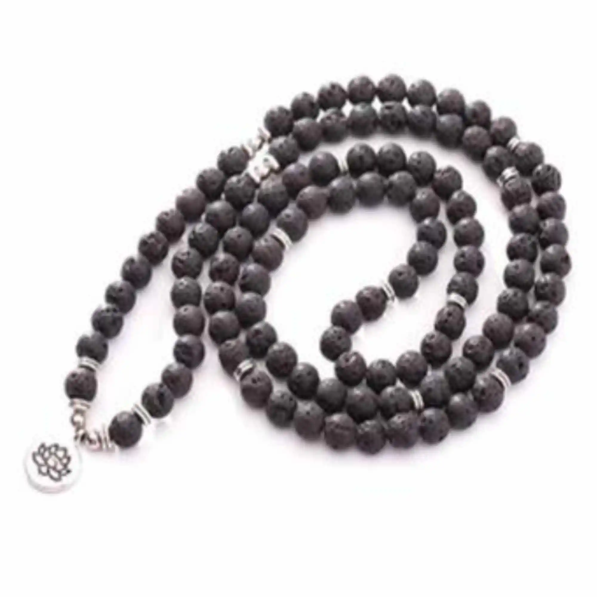 

8mm Natural 108 black lava beads Lotus pendant necklace Japa Wear Relief Mala Jewelry Cuff Prayer Men Wrap Yoga