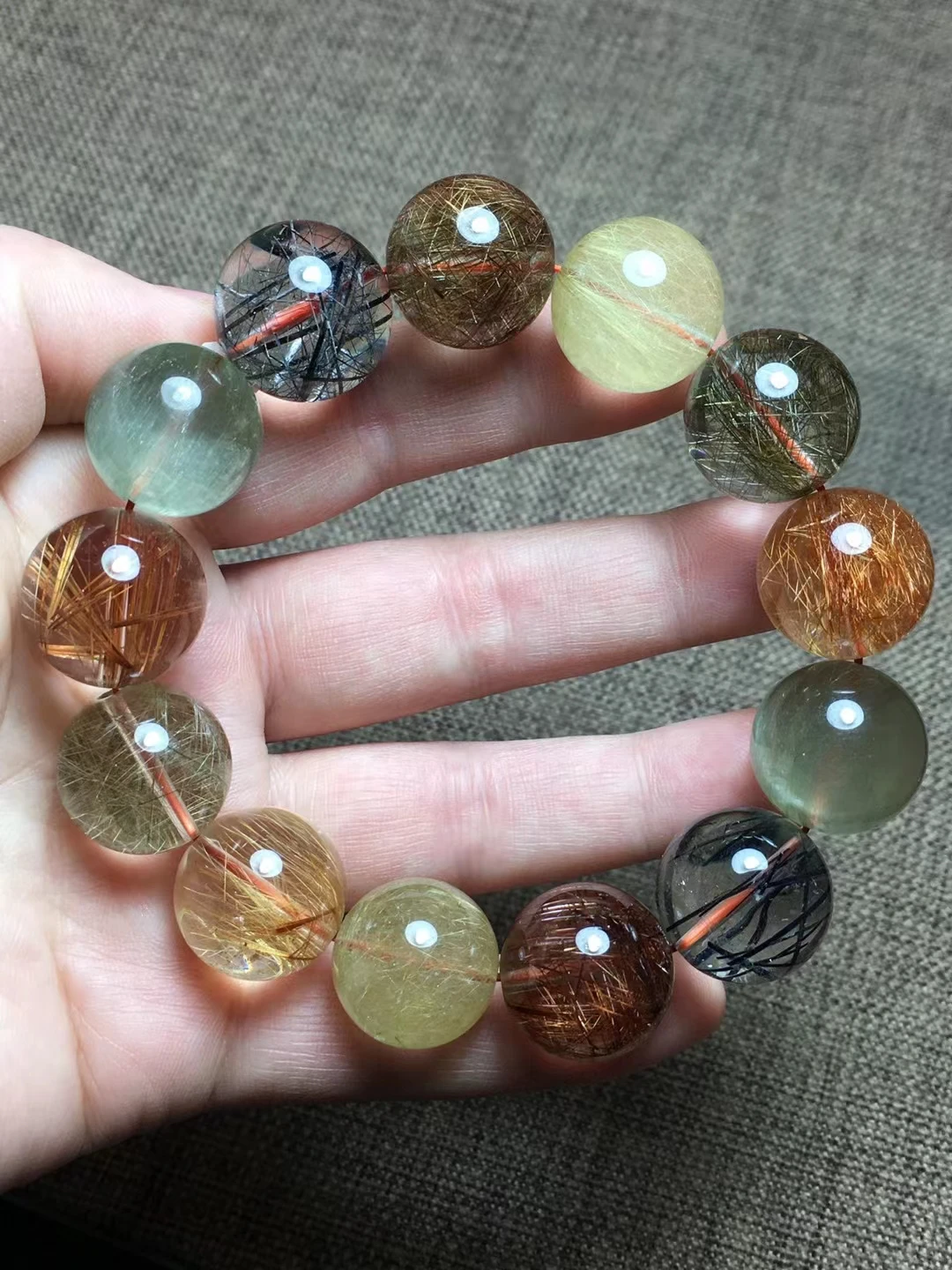 

Natural Colorful Rutilated Quartz Bracelet Big Size Gold 18mm Copper Rutilated Clear Round Beads Women Man Bracelet AAAAA