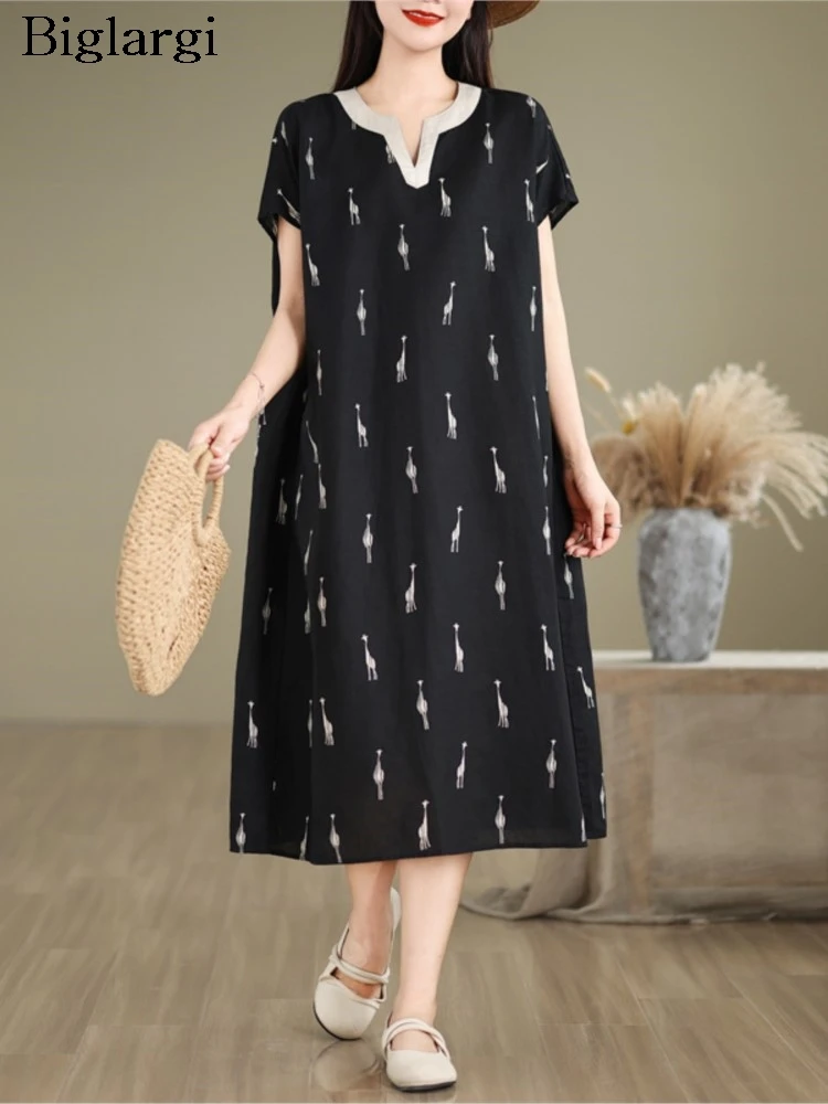 

Oversized Summer Short Sleeve V-Neck Dress Women Print Modis Loose Ruffle Ladies Dresses Pleated Casual A-Line Woman Midi Dress