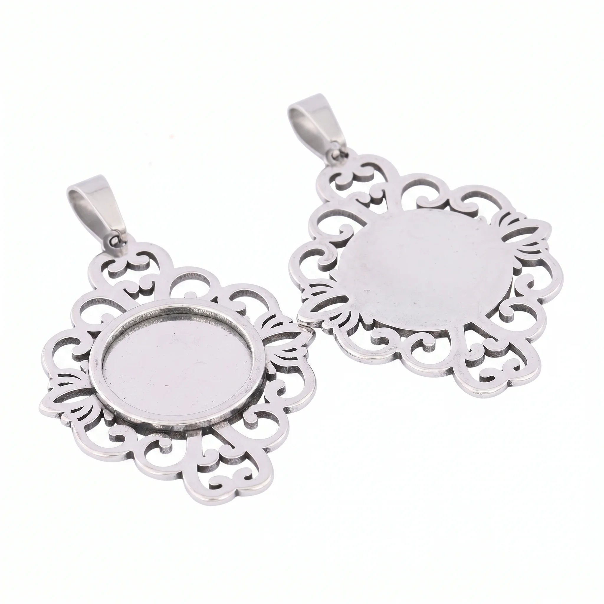 5pcs Stainless Steel Filigree Flower Cabochon Tray Blanks 15mm Diy Bezel Pendant Settings For Necklace Jewelry Making image 5