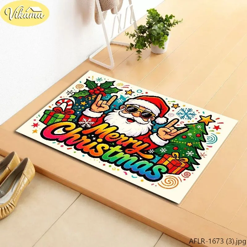 VIKAMA Santa & Typographic Flannel Door Mat, Non-Slip Machine Washable, Decor for Entryway Front Door Living Room Kitchen