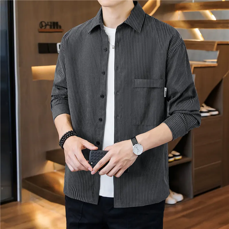 

Spring Casual Striped Long Sve irt Jaet Faionable Versatile Men's Workwear Sle Top Quali Polyester Nylon Blend
