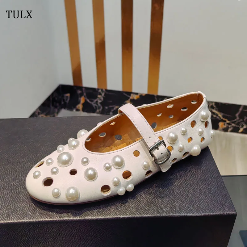 

Genuine Leather Round Toe Metal Hollow Flat Women Pumps Shoes Buckle Strap Design Comfortable And Soft Ballet Flats Shoes