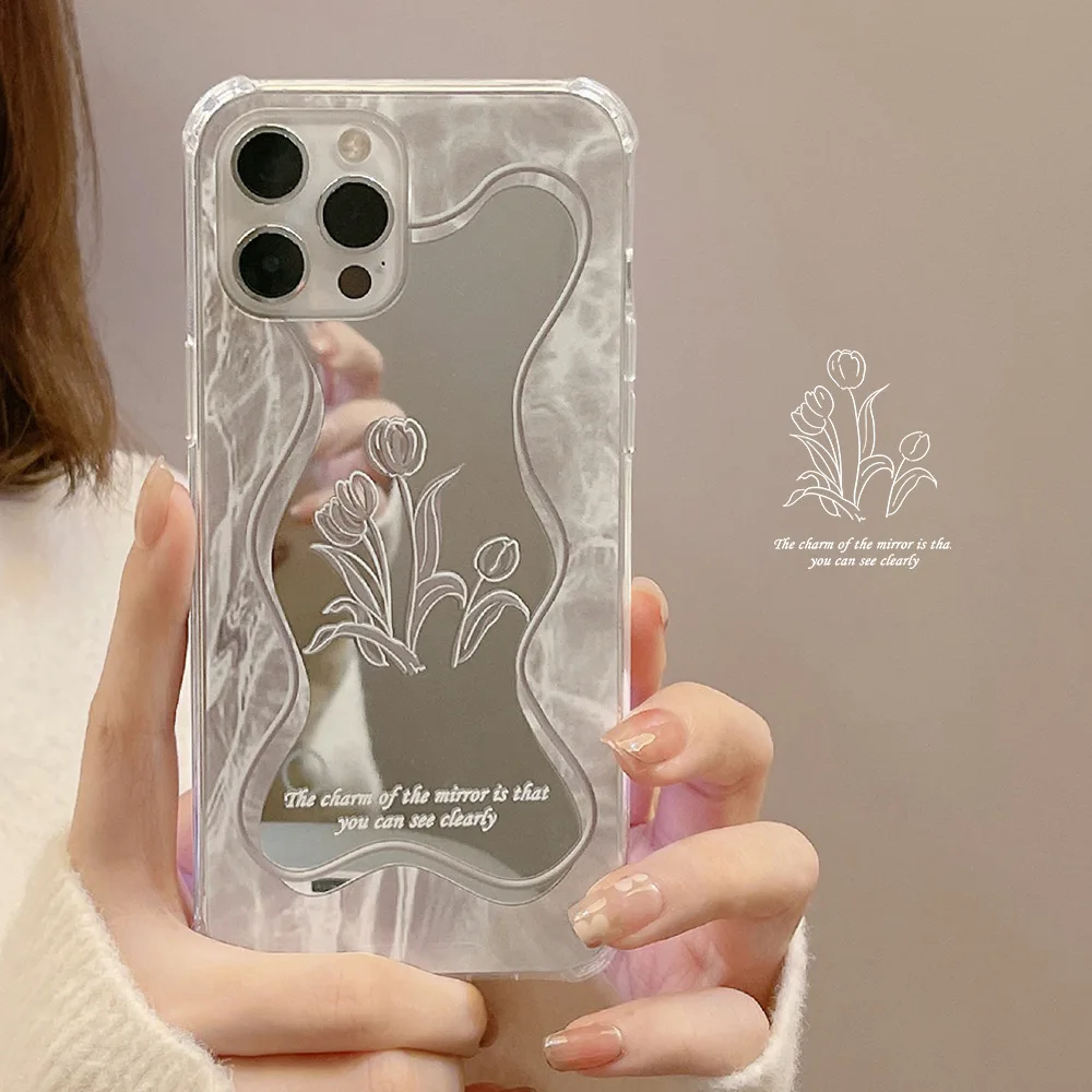 Elegante Tulpen-Make-up-Spiegel-Handyhülle für iPhone 16 15 14 13 12 Mini 11 Pro Max XR X XS 7 8 Plus stoßfeste Schutzhülle