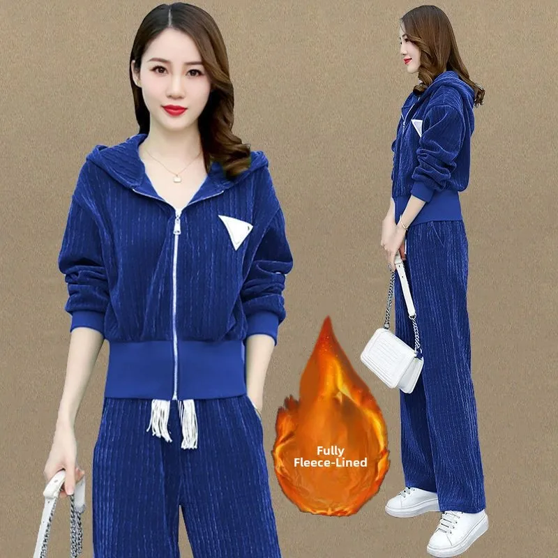 Women's Fleece Lined Corduroy 400g Sportswear Set Hooded Loose Open Cardigan Two Pieces Autumn Winter Casual Sportswear