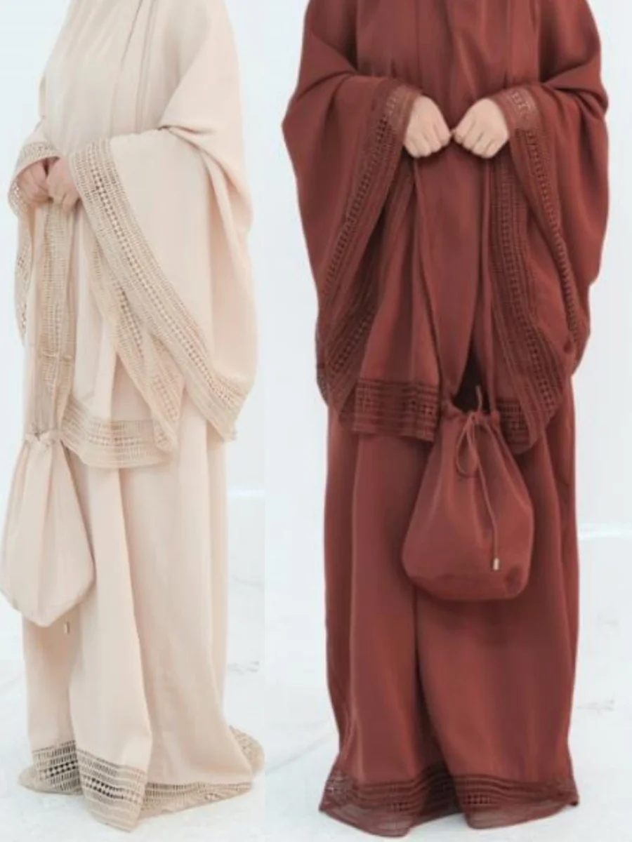 

Мусульманские женщины Türkiye Dubai Abaya, повседневное кружевное лоскутное длинное платье, кафтан, молитвенный халат, комплект из четырех предметов, женский комплект исламской одежды