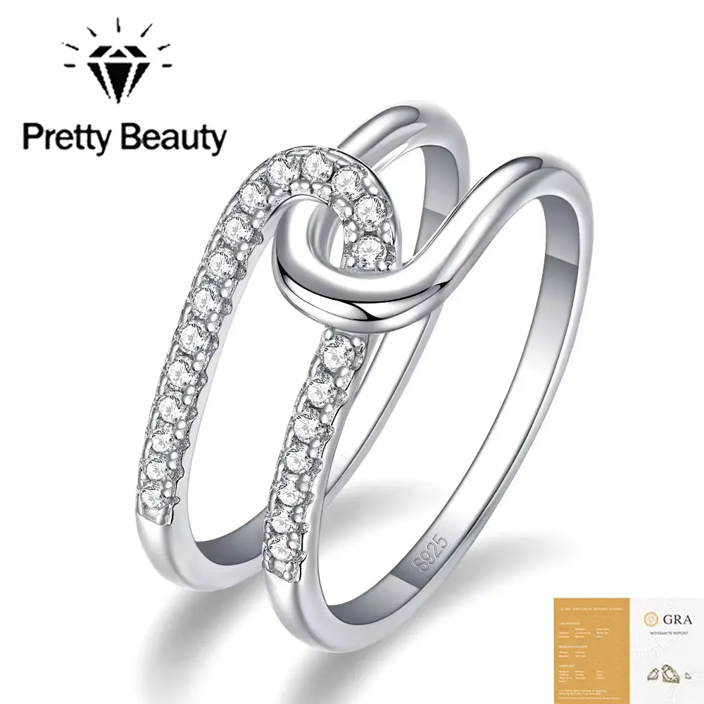 Pretty Beauty Moissanite Promise Ring for Women 925 Silver Double Band Twist Infinity Knot Crossover Design Wedding Band Jewelry