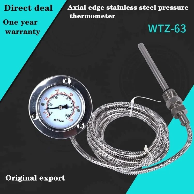 WTZ-63 Axial Stainless Steel Pressure Thermometer with Edge, Line Length 3m, Thread 1/2, Probe 10*100mm.