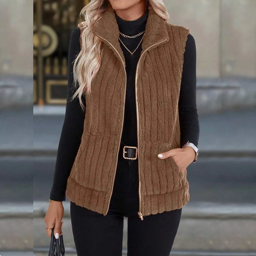 Womens Fleece Vest Vertical Stripe Pattern Sleeveless Collar Zip Front for Summer Beach Holiday and Casual Wear
