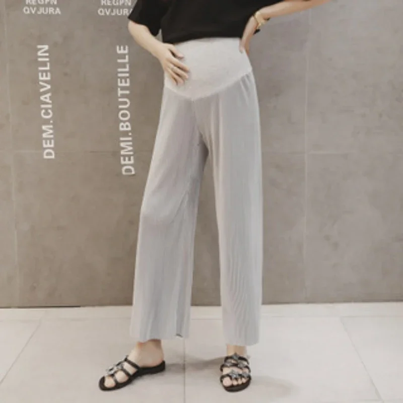 Maternity Pants Summer Maternity Ice Silk Pants Summer Maternity Wear Wide-leg Pants Thin Outer Wear Loose Pleated Pants