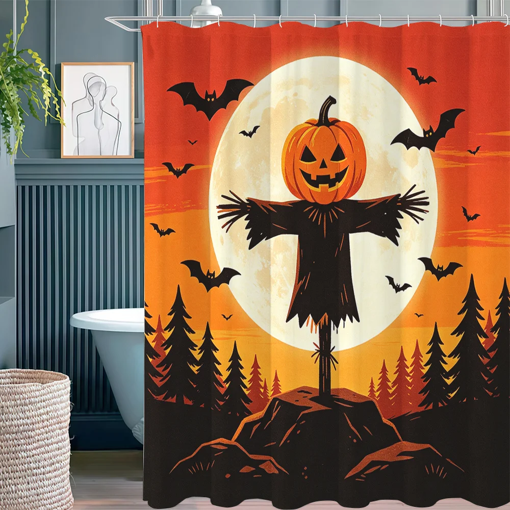 1 Printed Shower Curtain, Orange Red Background with Pumpkin Scarecrow Full Bat Forest Printed Pattern, Vintage Halloween Home D