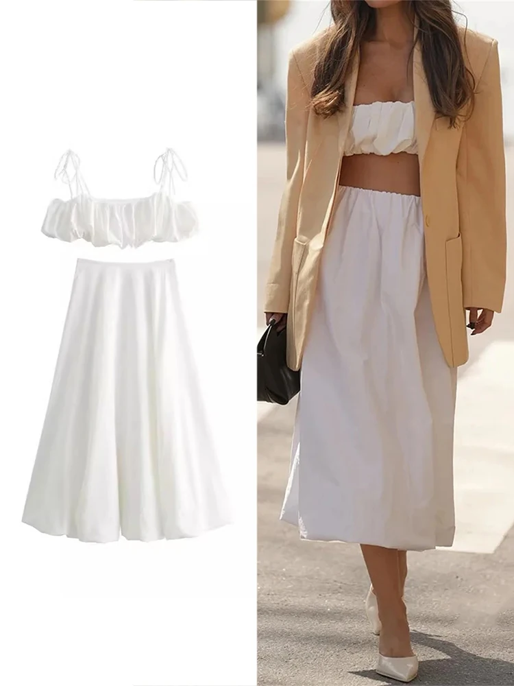 ZABA Women Vintage Casual White Solid Chic Set Camisole Super Short Top High Waist Pleated Long Skirt Women Fashion A-line Skir