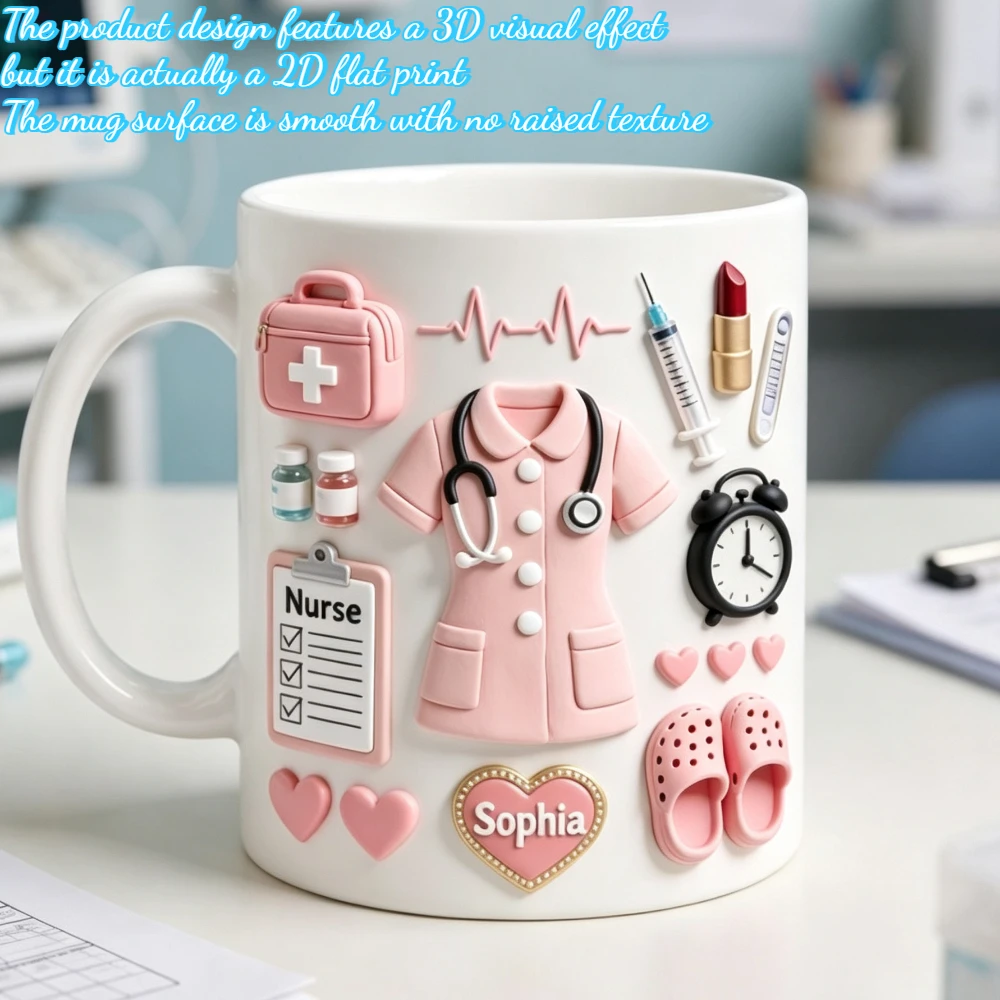 1pc 11oz Pink Nurse Uniform Mug 2D Flat Print Personalized Nurse Coffee Cup Stethoscope EKG Slipper Print Thanksgiving Gift For