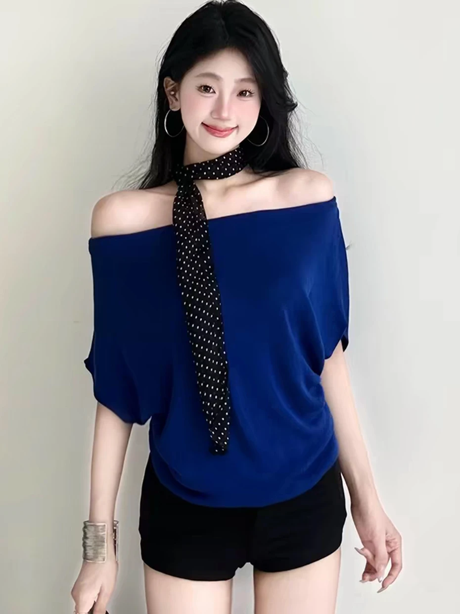 Klein Blue Shoulder Bared Short Sleeve T Shirt Women Summer Unique Beautiful Slim Fit Short Top Korean Style Commute Fashion
