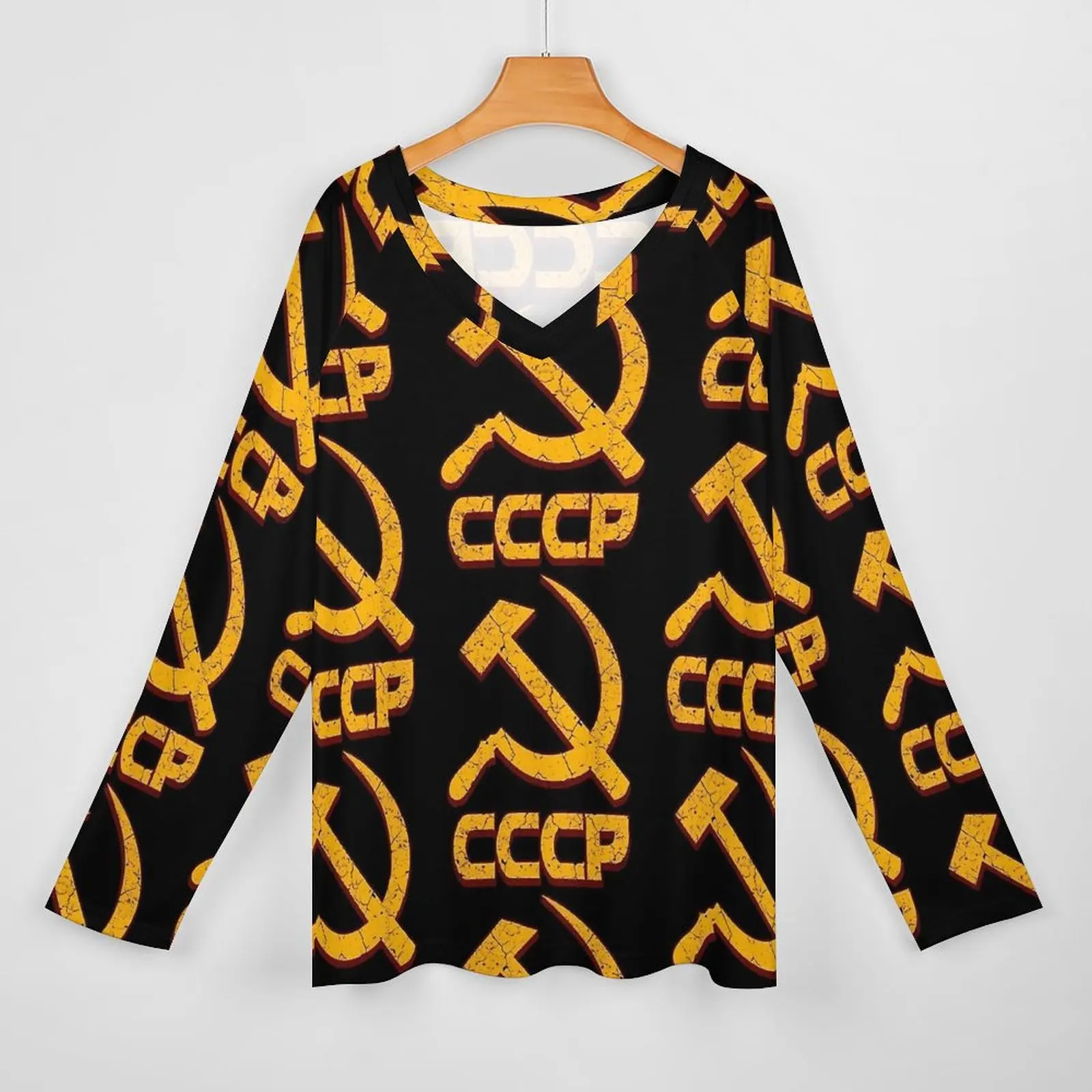 CCCP T Shirt USSR Hammer and Sickle Aesthetic Long Sleeve T-Shirts Woman V Neck Casual Loose Tshirt Oversized Graphic Clothes