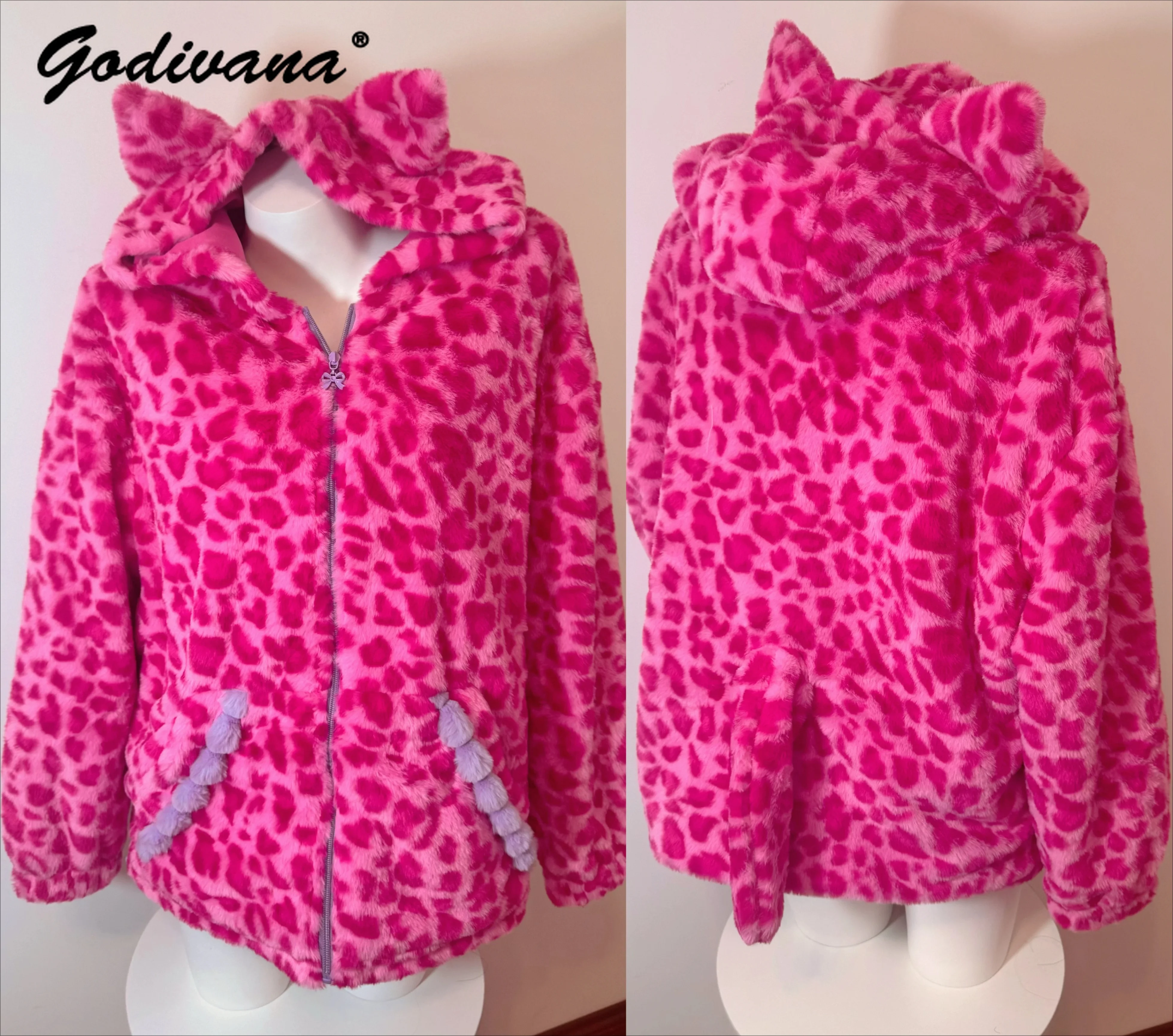 Cream Pink Leopard Cat Stuffed Outwear Warm Fur Coat Japanese Ji Style Gal Sweet Hooded Zip-up Leopard Plush Jacket Outwear