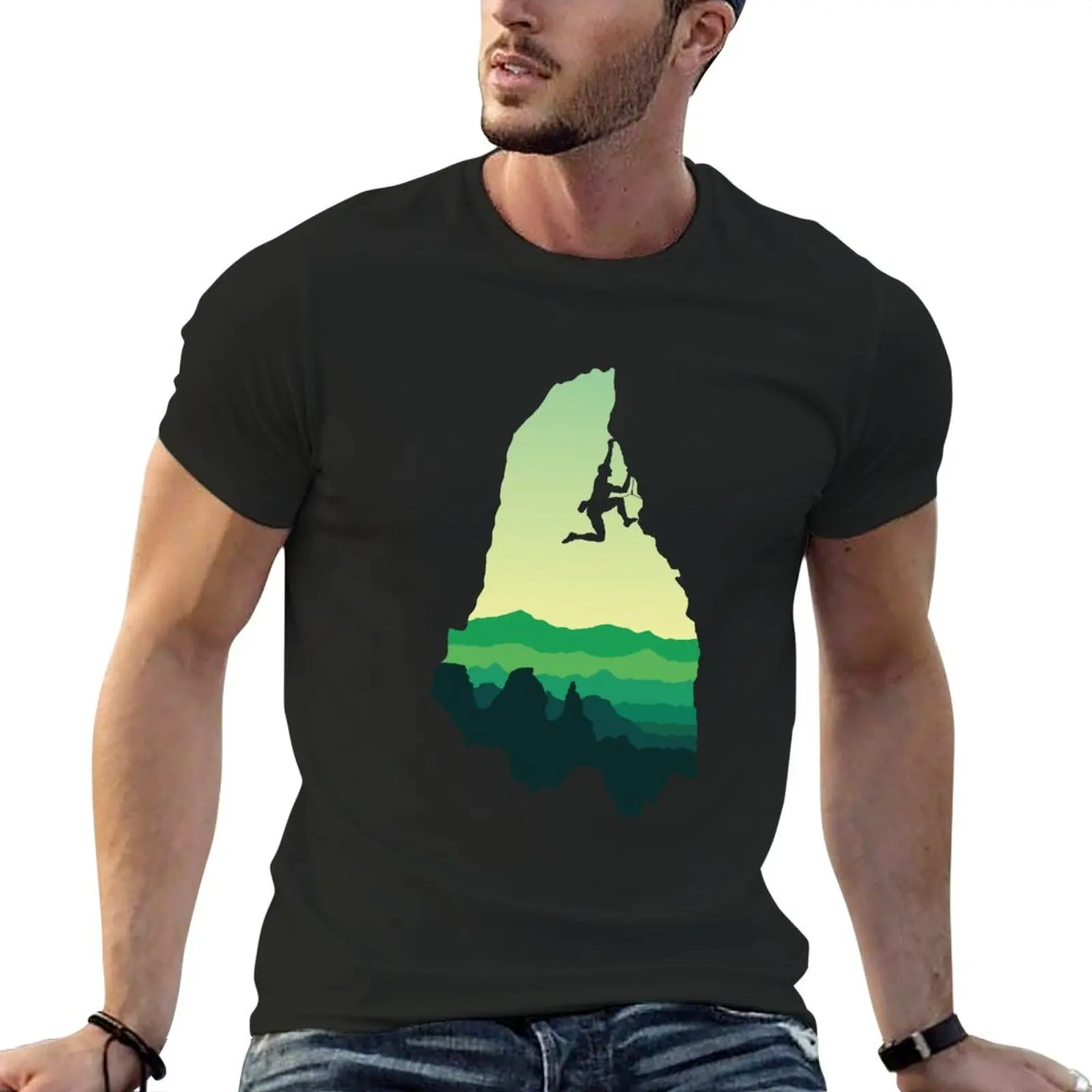 Climbing with a View (Green Sky Edition) T-Shirt summer tops tees heavyweight t shirts for men