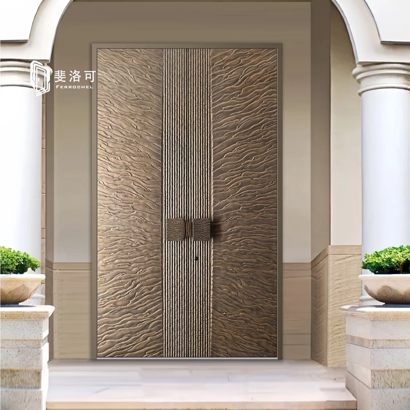The door of the carved cast aluminum villa is double-opened for entry, simple glass door and wood grain folio for entry.