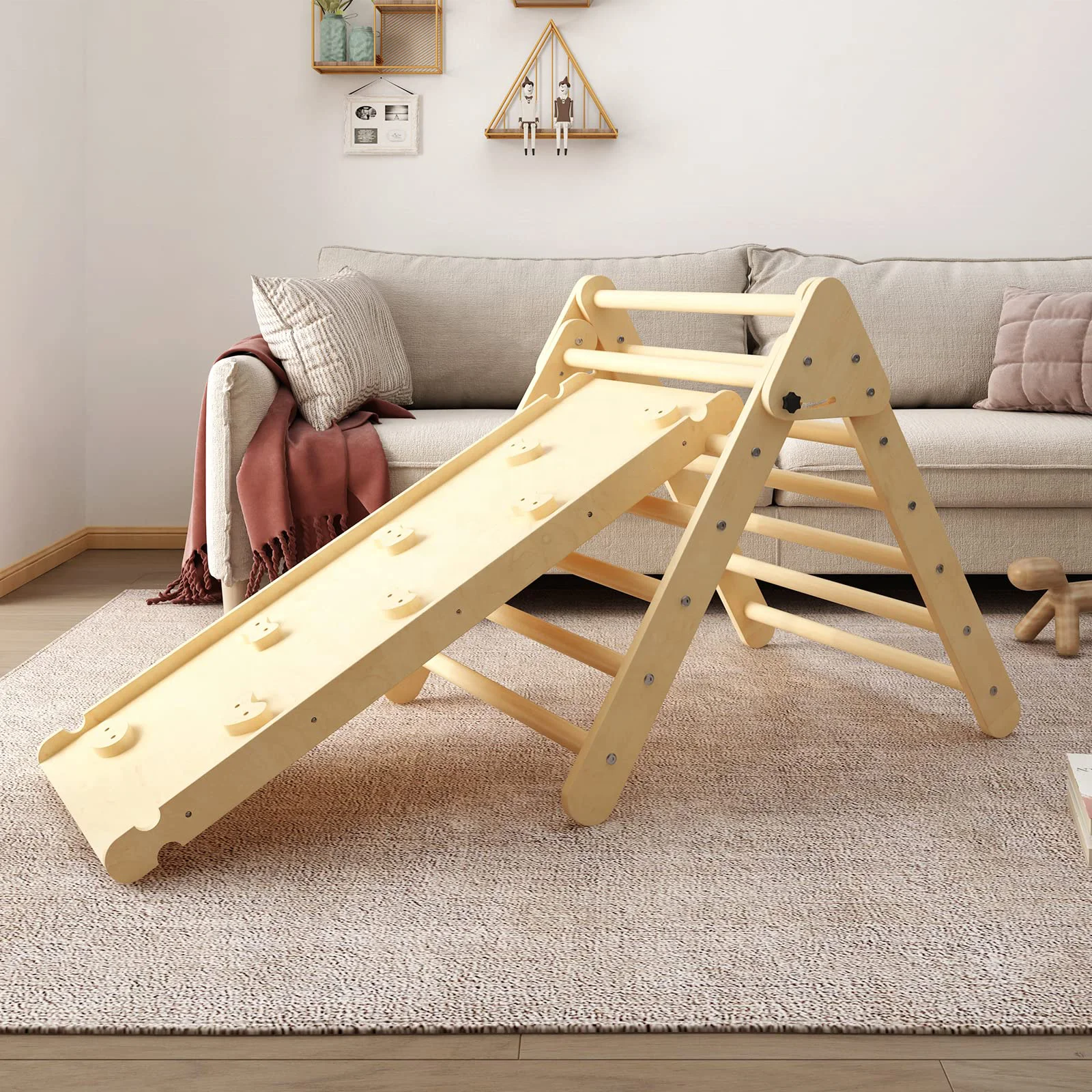 Portable Montessori Wooden Playground Set - Educational and Fun Climbing Triangle With Rocking Arch and Ramp for Kids