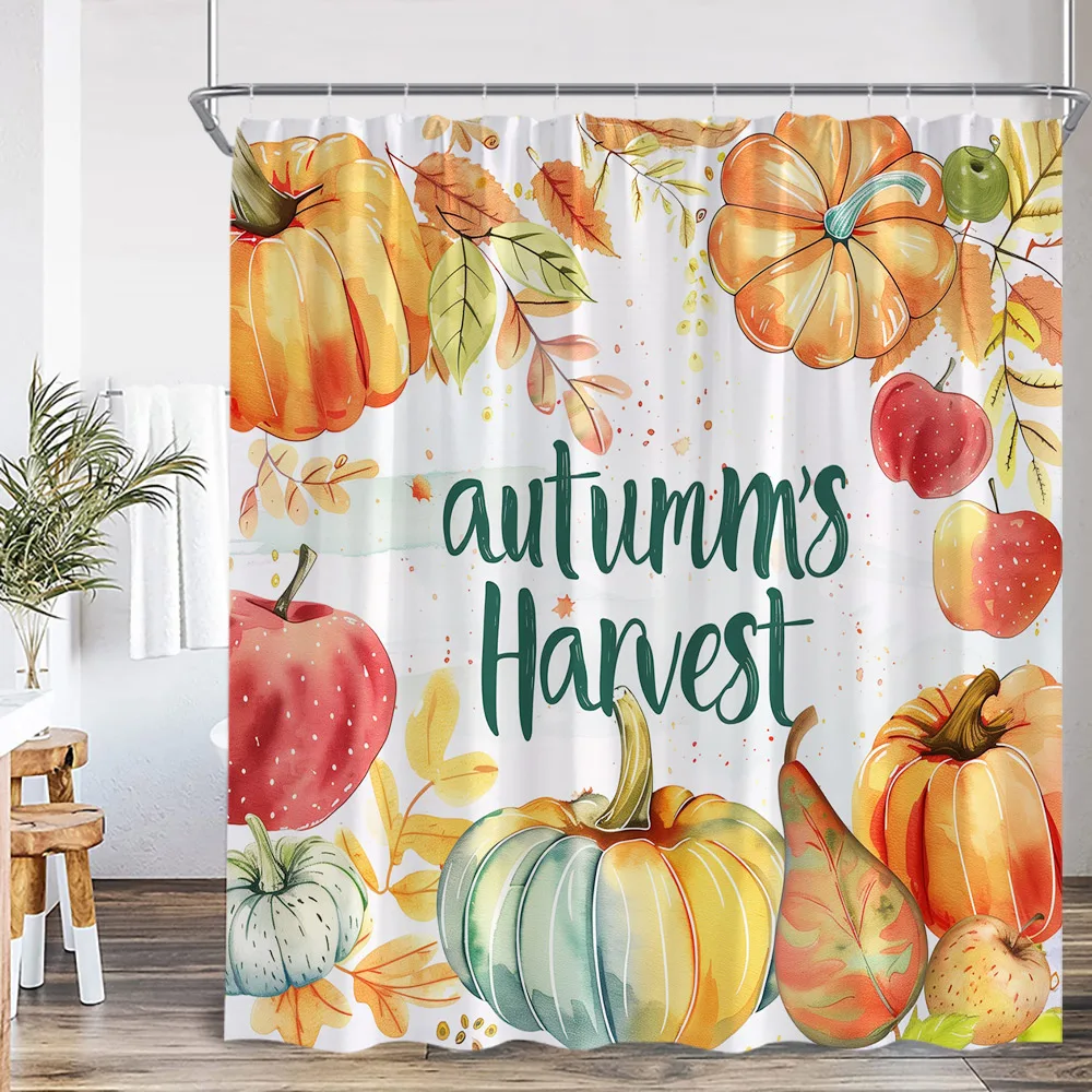 Autumn Harvest Season Shower Curtain Maple Leaf Pumpkin Countryside Farmhouse Bathroom Decor Modern Fall Polyester Bath Curtain