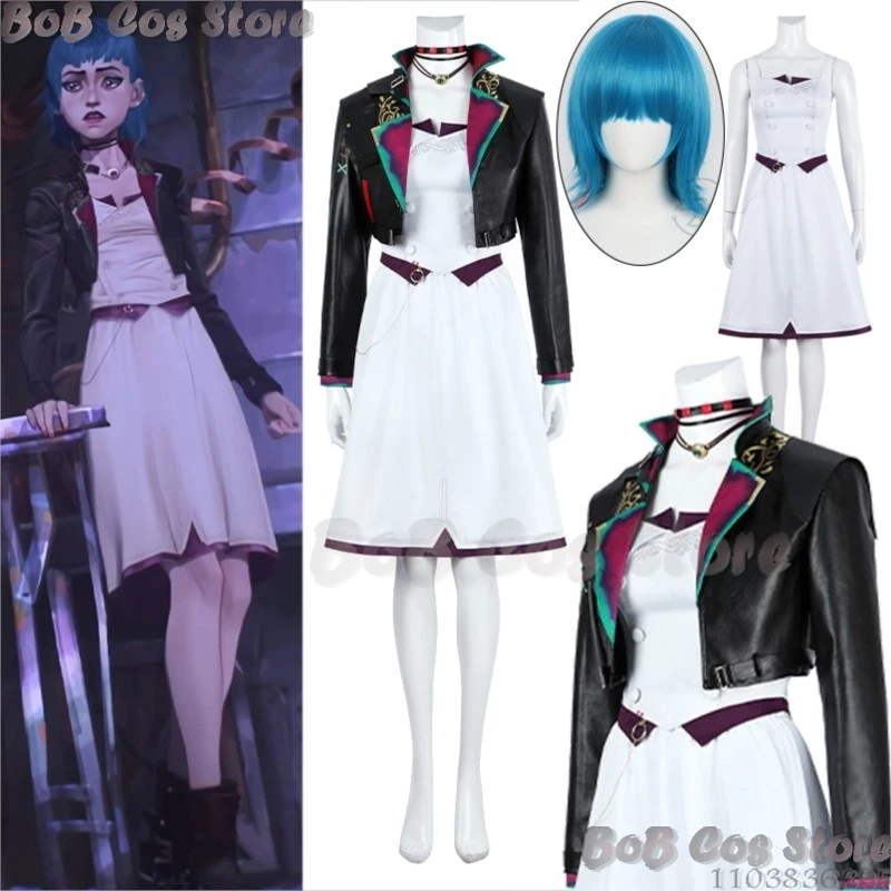 Jinx Arance Powder Anime Game LOL Cosplay Costume Prop Blue Wig Evening Date Dress Coat Suit Pow-pow Girl Holloween Customized