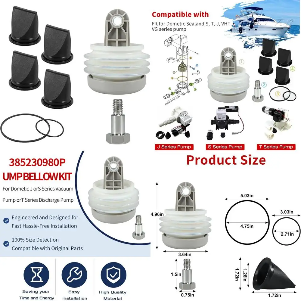 Fits for Dometic 385230980 Pump Bellow Kit Include 385310076 1-1/2 Duckbill Valve (4Pack) and 385310151 O-Ring (2 Pack) Replace