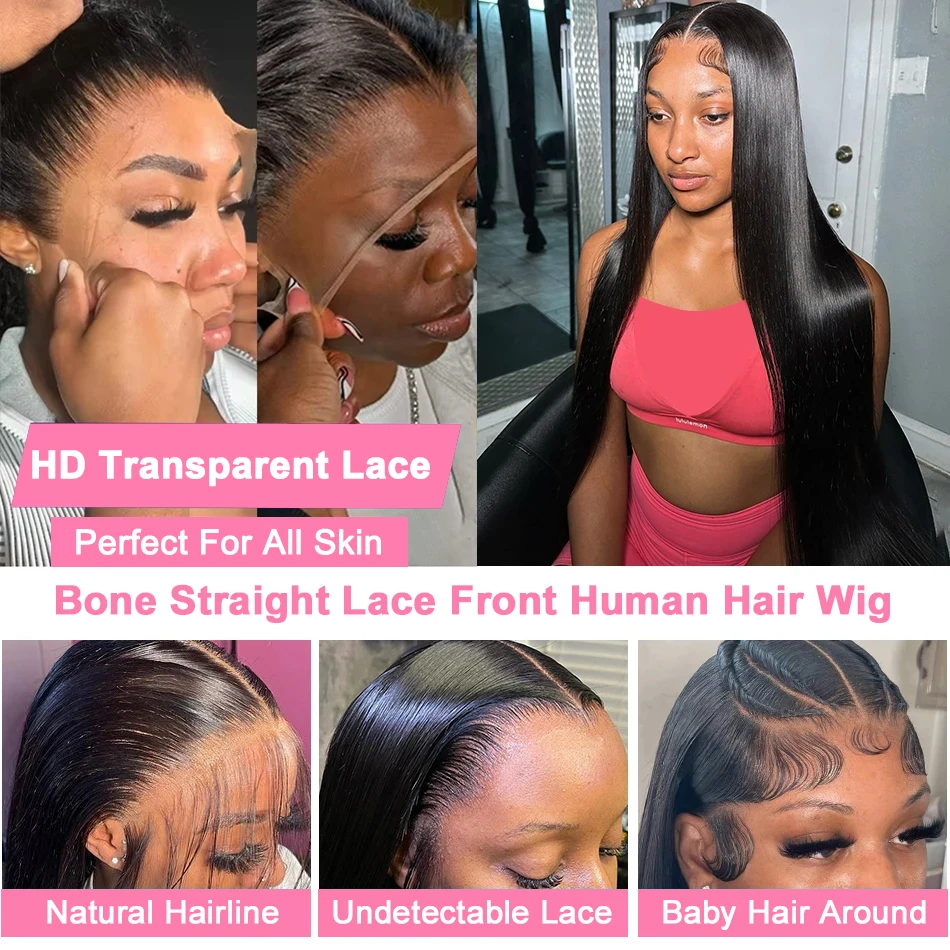 200% Hd Transparent Bone Straight 13x6 Lace Frontal Wigs Brazilian Remy Hair Preplucked 13x4 Lace Front Human Hair Wig For Women