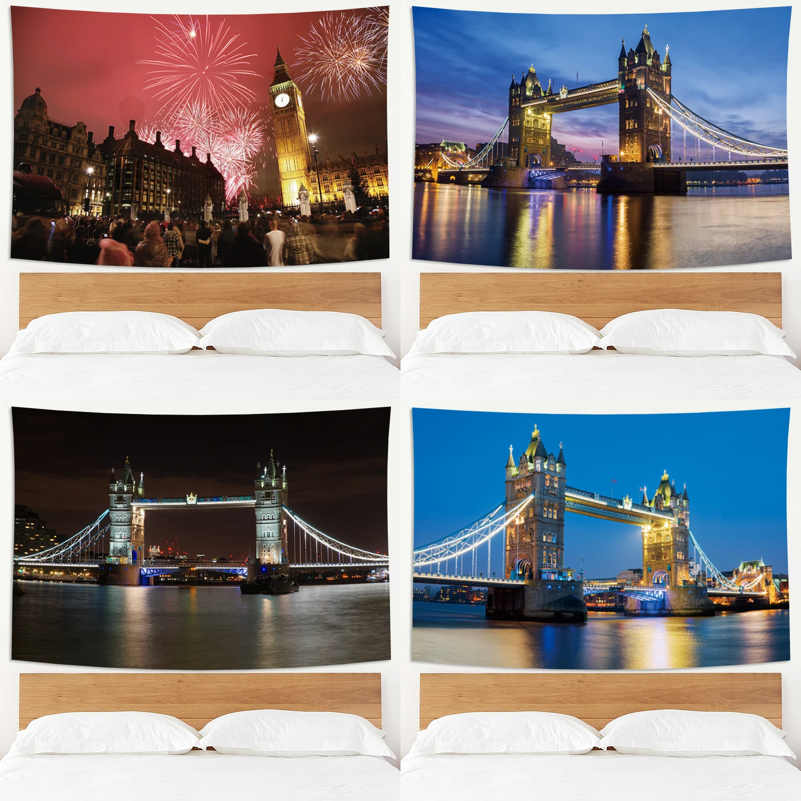 Modern Cityscape Night Tapestry Evening London England Tower Bridge Landmark Wall Hanging Backdrop for Bedroom Living Room Dorm