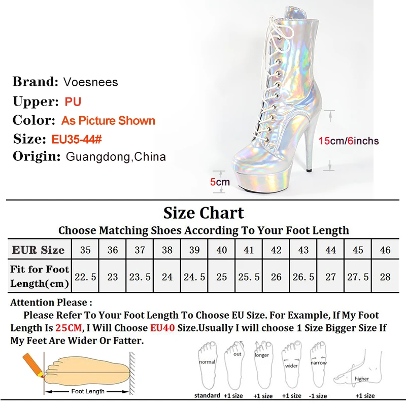 Sexy 15CM Exotic Pole Dancing Shoes High Heel Platform Lace-Up Spring Autumn Bright Silver Gradient Ankle Boots Stripper Shoes