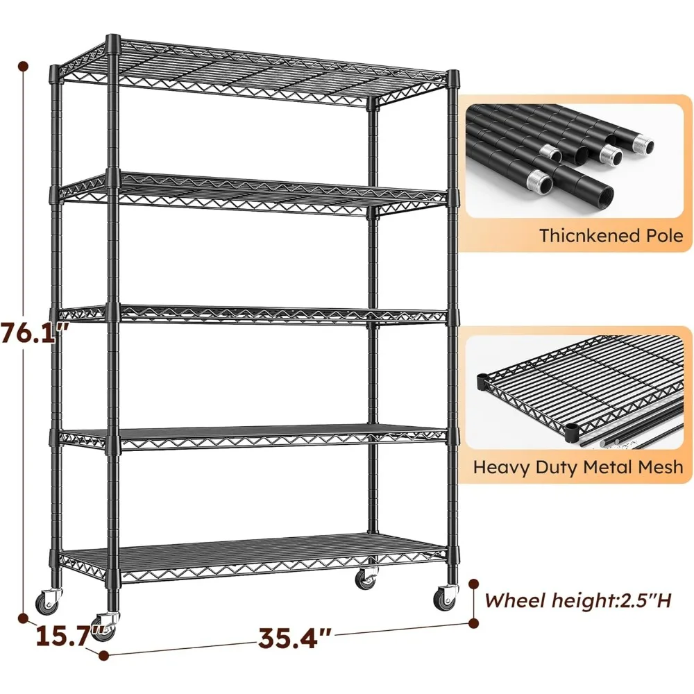 Estante de metal ajustável de 5 camadas com rodas e pés, racks de armazenamento de arame resistentes para dormitórios, comporta até 1653 LBS