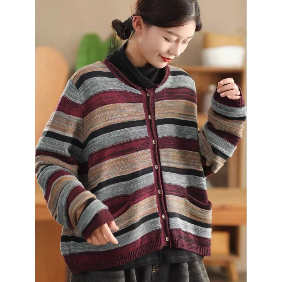 Women's Vintage Color Blo Striped Knitted Open Cardigan Long Sve Single Button Sweater Outerwear Top Spring Autumn