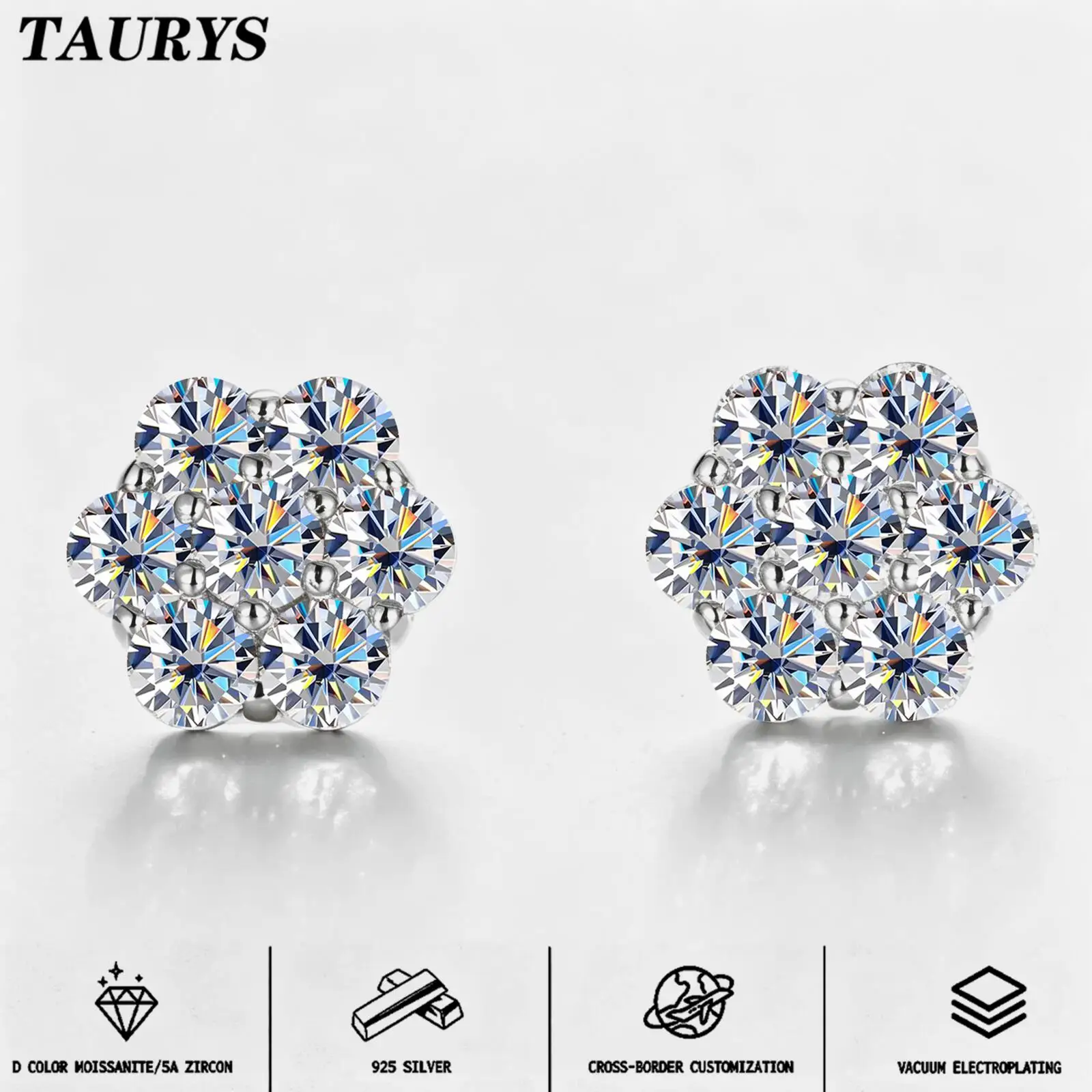 TY 925 Sterling Silver Full Moissanite Flower Stud Earrings For Women Men D Color Moissanite Earrings Luxury Jewelry Gift