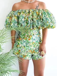 Fashion print one-shoulder short sleeve sexy blouse tube top+high waist shorts summer new women's suit