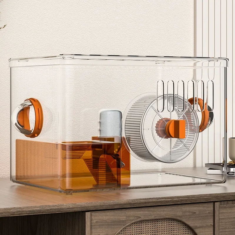Portable high transparent acrylic hamster cage environmentally friendly silent roller large space solid button box plastic tray