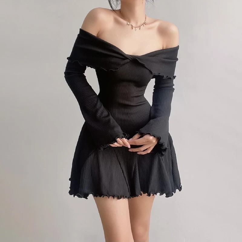 Sexy Low-cut Off Shoulder Dress Elegant Flare Long Sleeve Twist Knot Mini Dress