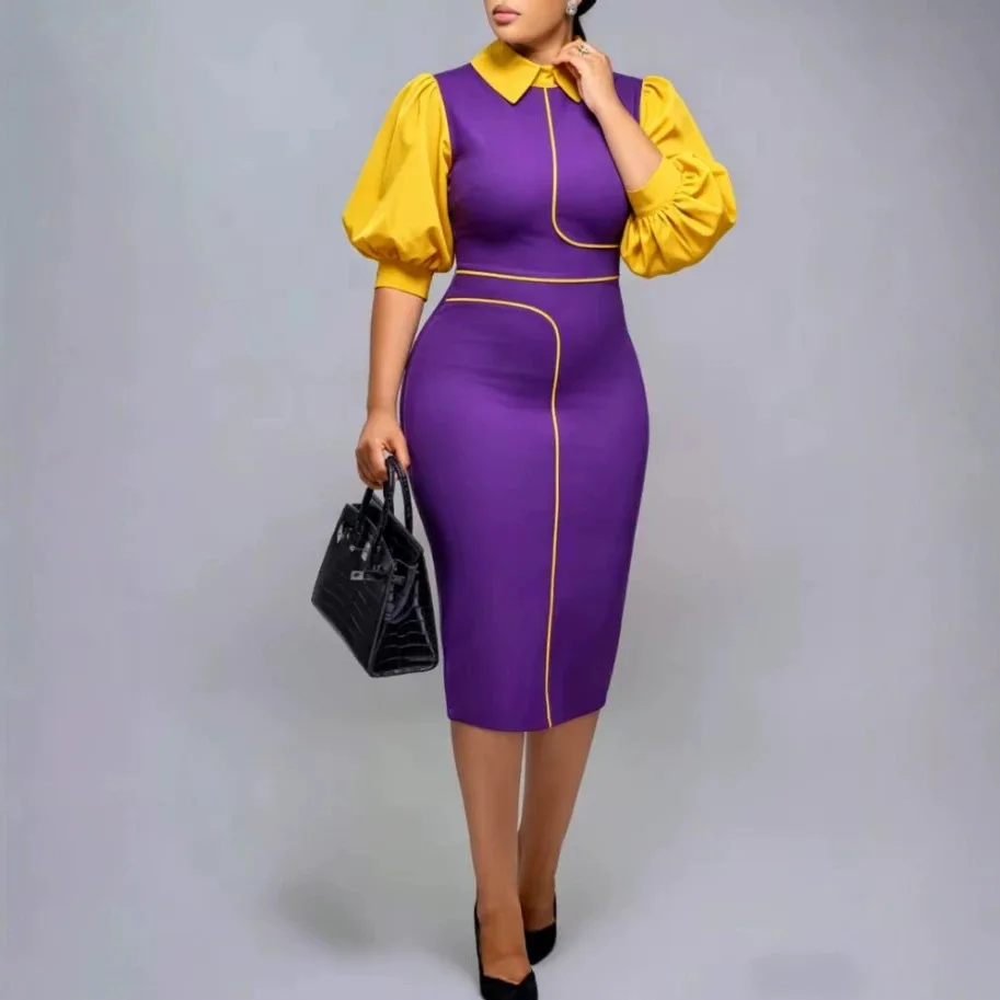 Fashionable New Puff Sleeve Dress, Color-blocking, Bodycon, Waist-cinching, Patchwork, Lady Pencil Skirt Robe Outfits