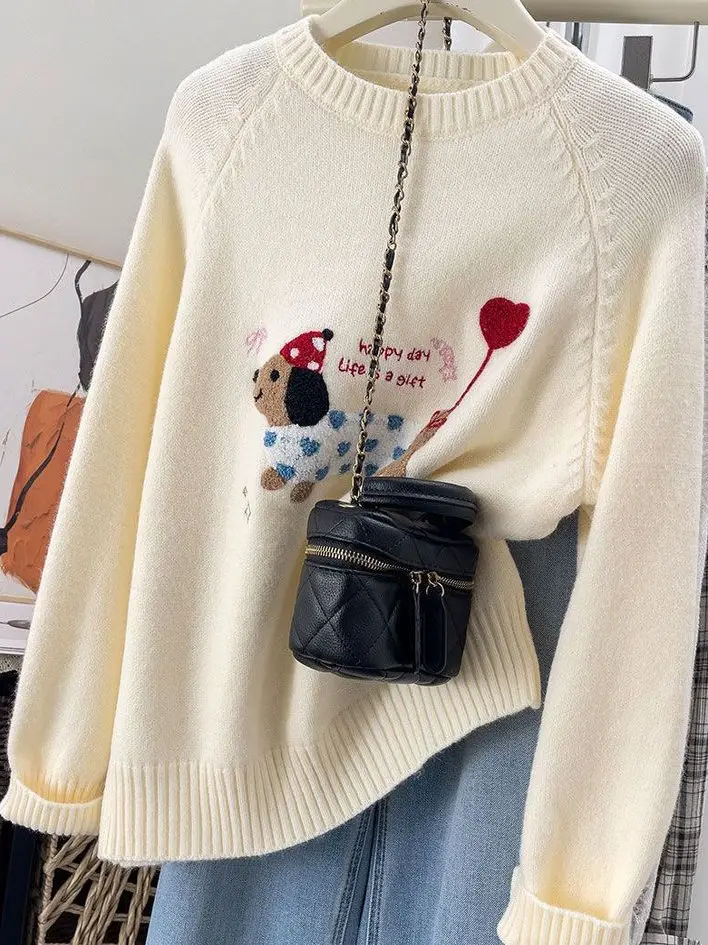 Suéter de punto de lana suave para mujer Otoño Invierno redondo Ne Long Sve bordado Casual Sle ajuste cómodo Faion Top