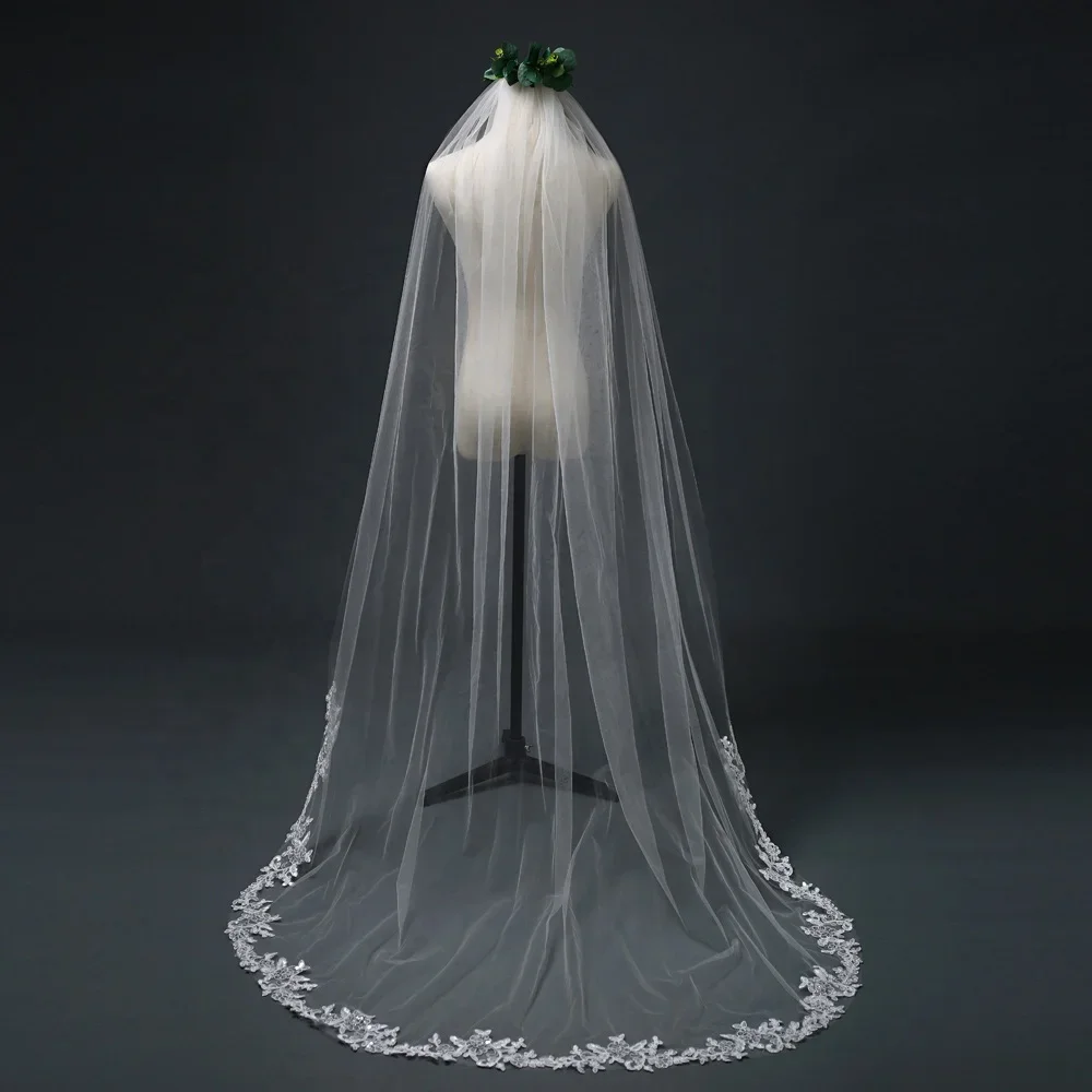 White Ivory Long Sequin Lace Edge Veil Cathedral Veil with Comb Wedding Tulle Birdcage Veil Bridal Accessories