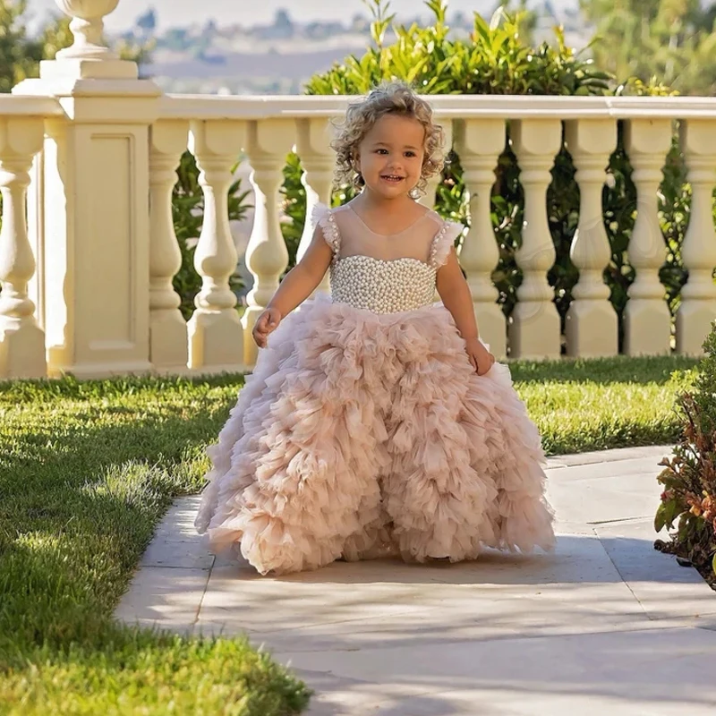 Robe en dentelle à fleurs pour filles, manches longues, petite princesse, robe de soirée de mariage, en Tulle, avec des appliques en dentelle, robes de première Communion pour filles