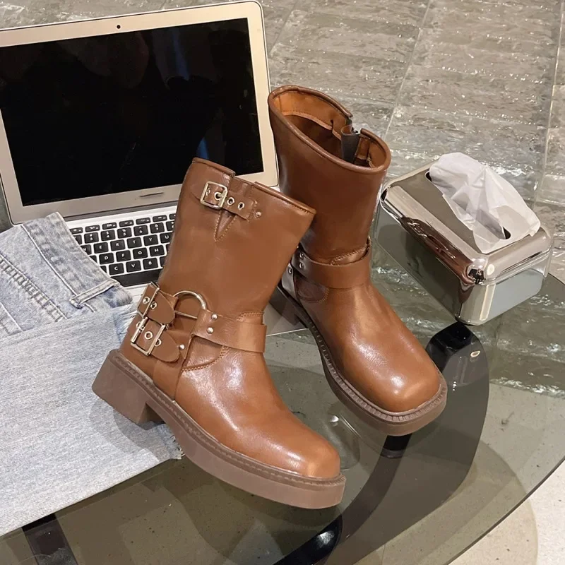 Women Platform Shoes 2024 Simple Retro Western Cowboy Boots Square Toe Thick Heel Knight Boots Soft Soled Comfortable Biker Boot