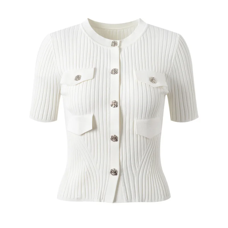 CHUJIE Women's Dress Set 2025 Spring/Summer New French Round Neck Flower Button Short Sleeved Top+Flower Chain+pleated Skirt