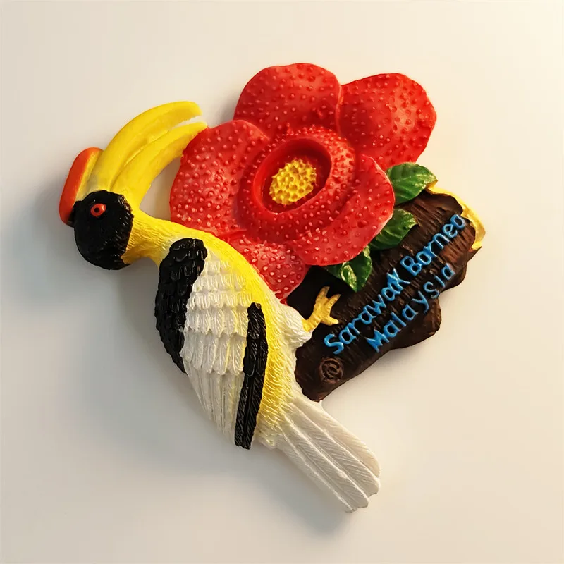 Malaysian Sabah Toucan, National Flower of the Hibiscus, Tourist Souvenir Decorative Refrigerator Magnet, Resin Material