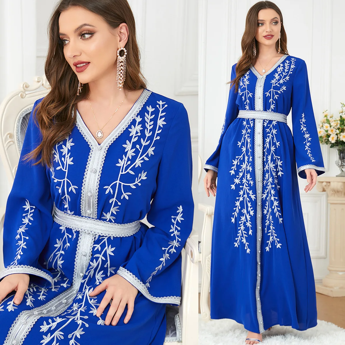 

Autumn Embroidery Eid Muslim Party Dress for Women Jalabiya Abaya Ramadan Long Dresses Abayas Woman Lace-up Caftan Vestidos Robe