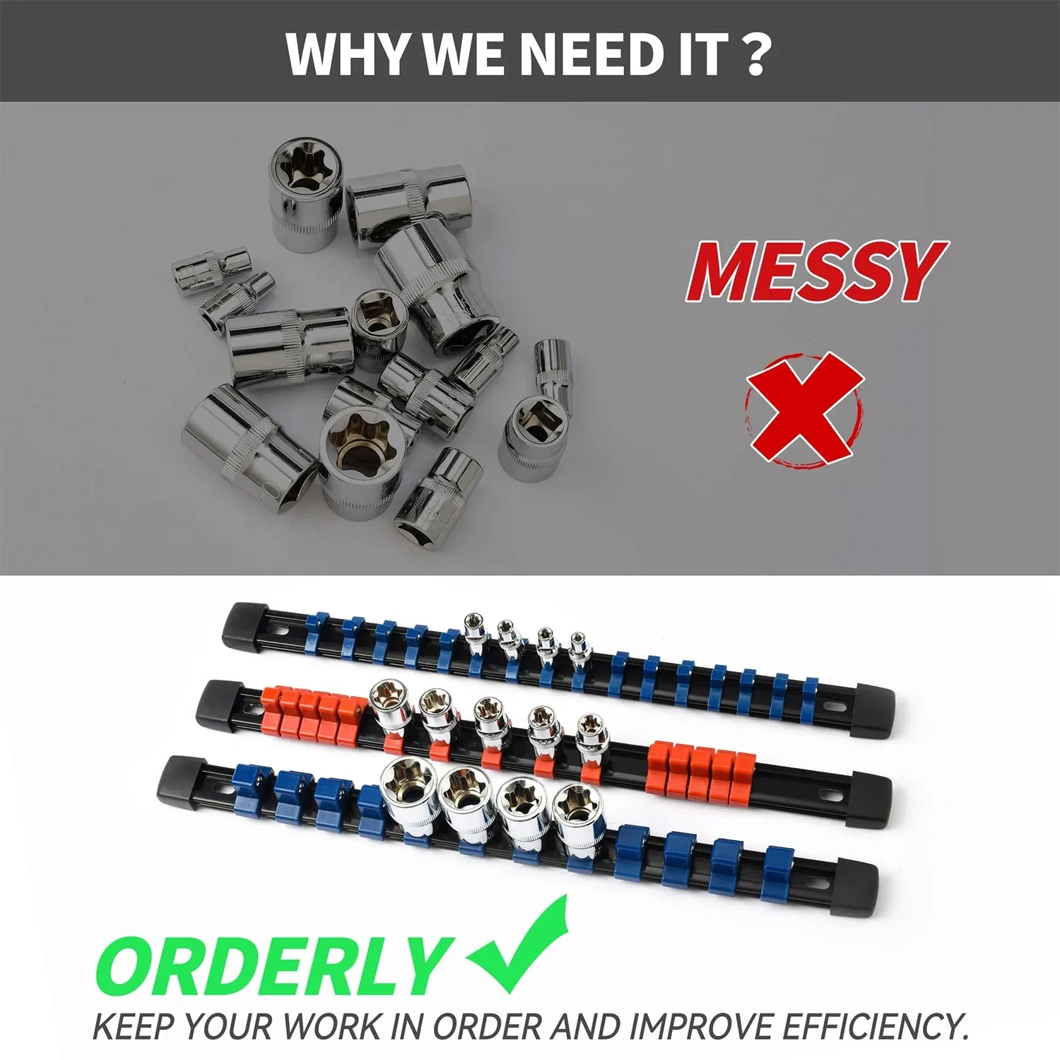 15Pack ABS Plastic Socket Organizer Rail Replacement Clips, 1/2 3/8 1/4 Drive Spring Loaded Ball Bearing Socket Holder Tool Rack